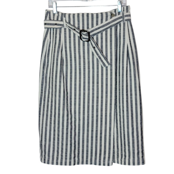 Anthropologie Striped Pencil Skirt Wrap Belted Midi Knee Length Blue & White 10 - Picture 14 of 14